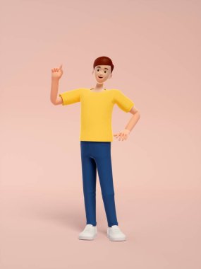 Sarı arka planda sırt çantalı genç bir kadının 3D görüntüsü.