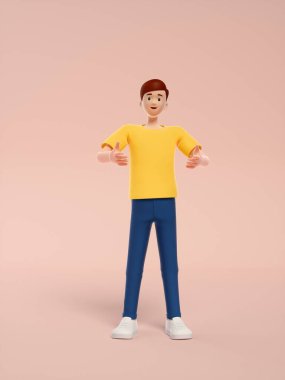 Pembe arka planda sarı tişörtlü ve beyaz kazaklı genç bir adamın 3 boyutlu görüntüsü.