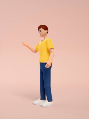 Pembe arka planda boş ekranı olan genç bir kadının 3D görüntüsü