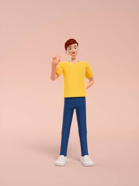 Sarı arka planda boş ekranı olan genç bir adamın 3D görüntüsü