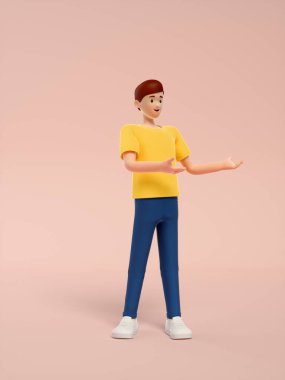 Sarı arka planda boş ekranı olan genç bir kadının 3D görüntüsü