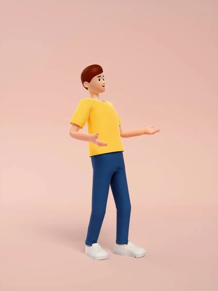 三维渲染一个身穿黄色T恤和粉色背景牛仔裤的可爱卡通男孩 — 图库照片