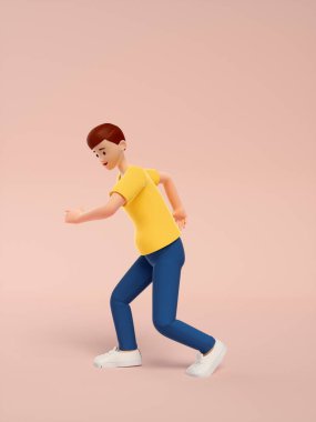 Pembe arka planda sırt çantalı genç bir kadının 3D çizimi