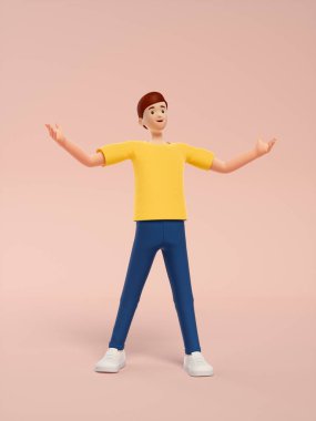 Pembe arka planda sırt çantalı bir gencin 3D görüntüsü.