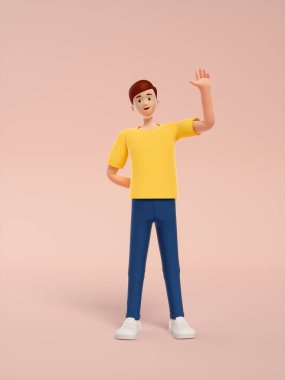 Pembe arka planda sırt çantalı genç bir kadının 3D görüntüsü.