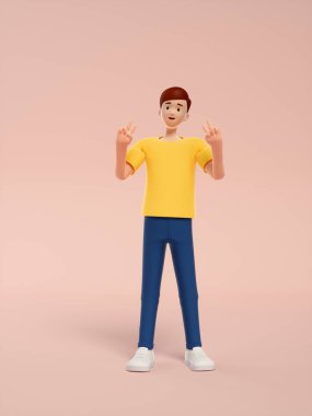 Pembe arka planda sarı tişörtlü ve boş tabelalı genç bir adam.