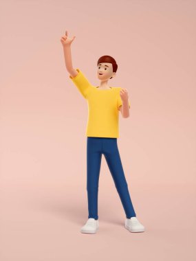 Sarı arka planda sırt çantalı bir gencin 3D görüntüsü.