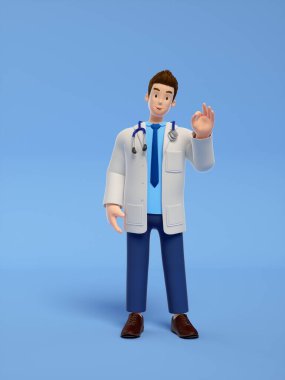 Mavi arka planda steteskoplu bir doktorun 3D görüntüsü.