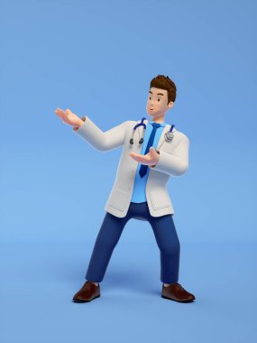 Kafasında steteskop olan bir doktorun üç boyutlu resmi.