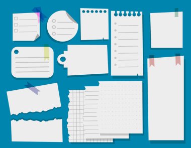 Kağıt notlar. Bir defterin doğrusal sayfaları, farklı boyutlardaki not defterleri, yapılacaklar listesi, kurşun günlük, okul için, defter tasarımı, elektronik dergi için soyut tasarım