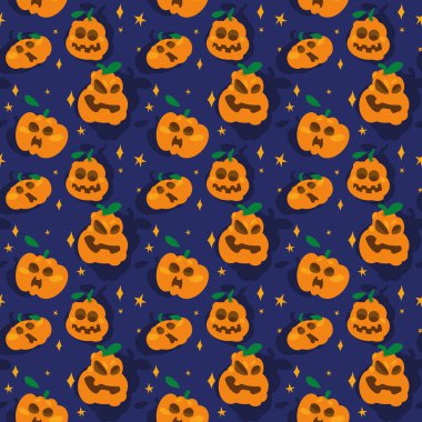 Komik elementlerle kusursuz bir Cadılar Bayramı şablonu. Arkaplan, tekstil, duvar kâğıdı ve ambalaj kağıdı tasarımı için vektörsüz yaratıcı desen. Koyu arkaplanda balkabakları