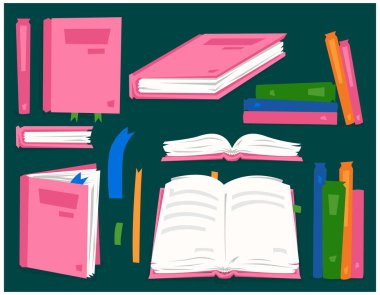 Kitap vektörü, masadaki farklı pozisyondaki kitaplar, yer imleri, edebiyat, düz bir şekilde renkli düz vektör çizimi. Okul kitapları, kütüphane kitapları. Çocuklar için kitaplar.