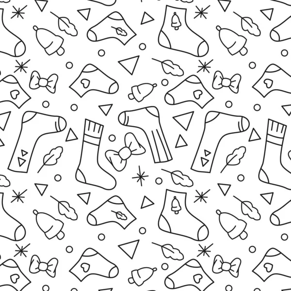 Seamless Pattern Style Line Art Theme Christmas Elements Socks Bows — Stock Vector