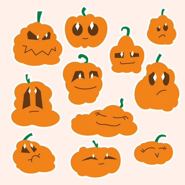 Schattige Pompoen Stickers Karakter Emotie Goedheid Verdriet Plezier Halloween Pompoenen — Stockvector