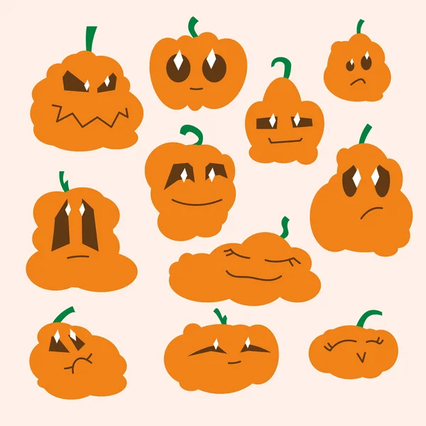 Niedliche Kürbis Sticker Charakter Emotionen Güte Traurigkeit Spaß Halloween Kürbisse — Stockvektor