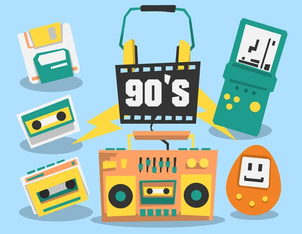 80年代和90年代的音乐小玩意 录音机 收音机 矢量图形 — 图库矢量图片