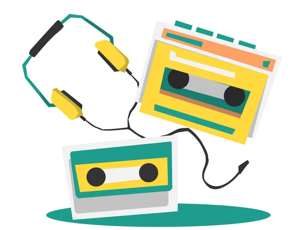 80年代90年代便携式播放器套装 简单设计 盒式磁带 播放器 平板风格 白色背景 — 图库矢量图片