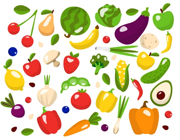 Коллекция Красочных Ручной Работы Свежие Вкусные Овощи Фрукты Изолированы Белом — стоковый вектор
