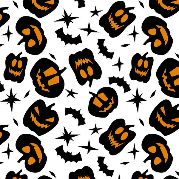 Vector Illustration Seamless Pattern Pumpkins Bats Stars White Background Flat — Stock Vector
