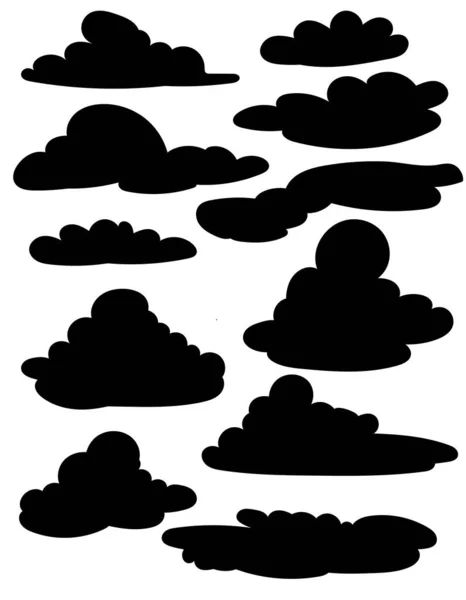 Conjunto Diferentes Silhuetas Nuvens Negras Sobre Fundo Branco Ilustração Vetorial — Vetor de Stock