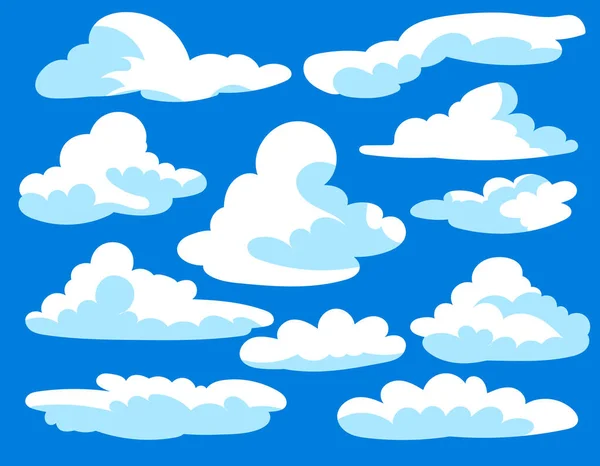 Ilustração Vetorial Nuvens Brancas Fundo Azul Diferentes Formas Estilo Plano — Vetor de Stock