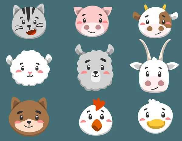Set Cute Farm Animal Faces Vector Children Characters Design — Stock Vector