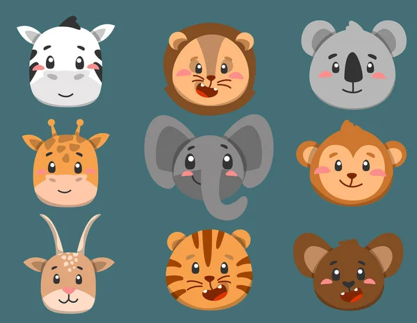 Cute Africa Animals Faces Vector Kids Characters Design — Stock Vector