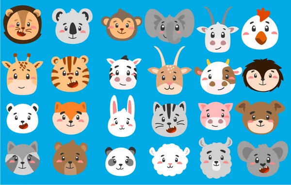 Set Vector Cute Animal Faces Simple Style Vector Graphic — Stock Vector