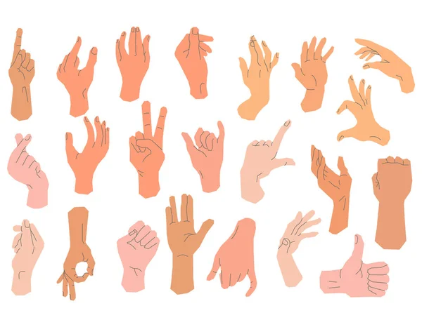 Vector Hand Poses White Background Various Hands Flat Style Line — Stock Vector