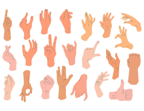 vector hand poses on white background, various hands in flat style with line elements, for your business