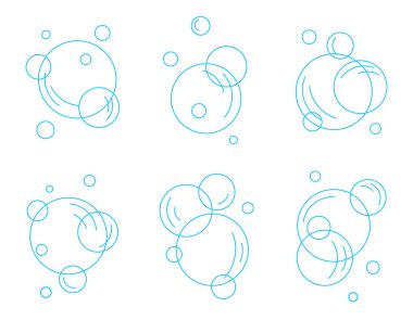 Düz mavi çizgi baloncukları. Sabun köpüğü, karbonatlı içecek, oksijen kabarcığı piktogramı, vektör illüstrasyonu..