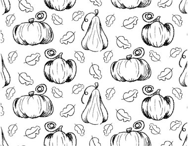 Balkabağı deseni, fırçayla çizilmiş çizgi, karalama çizimi, şeffaf bir arkaplanda kusursuz desen. Paketleme ve tekstil için tasarım, vektör