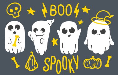 Hayalet kumaşı seti. Uçan hayaletler. Şirin uçan canavarlar. Şenlikli siluetler. El çizimi moda vektörü çizimi. Tüm elementler izole