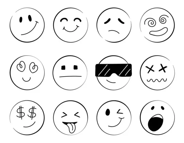 Doodle Emoji Yüz Simgeleri Ayarlandı. Yuvarlak suratlar. Farklı duygusal ruh halleri olan Emoji, mutlu, üzgün, gülen surat. Çizgi roman vektör çizimi.