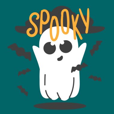 Hayalet. Uçan hayalet. Sevimli karakter, sevimli çizgi film karakteri. Tatil kartı çizimi, modaya uygun vektör çizimi. Tüm elementler izole. Yarasa ve harfler