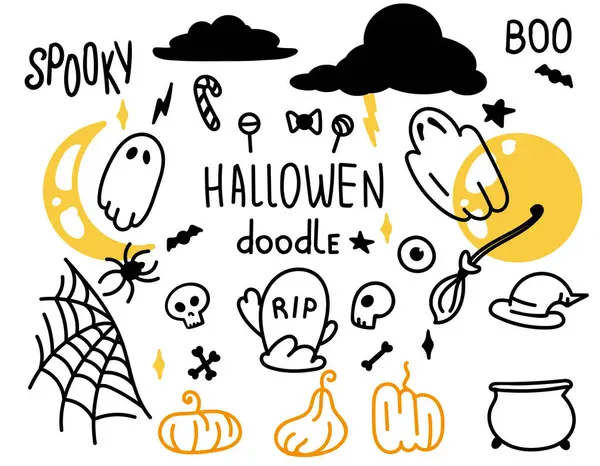 Şeffaf bir arkaplan üzerine çizilmiş bir dizi cadılar bayramı çizimi, birleşme hattı. Tatil elementleri hayalet, gökyüzü, yıldızlar, örümcek ağı, balkabağı, ay, mesaj, şeker, örümcek, yarasa. Vektör