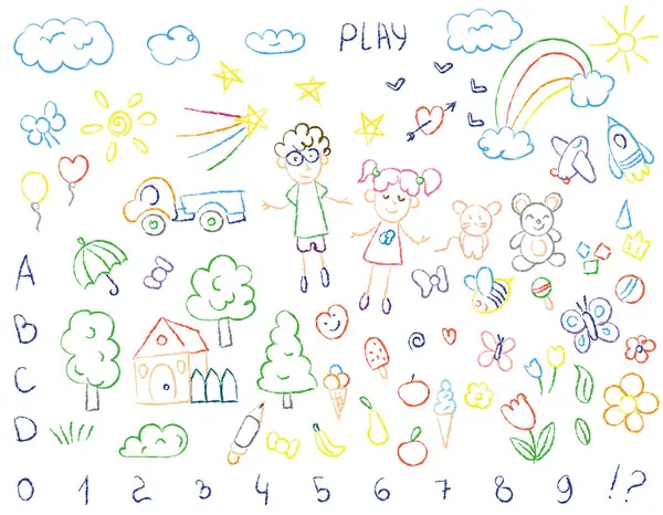 Set Children Scribbles Doodles Colored Pencils Children Drawings Flowers Plants — Stock Vector