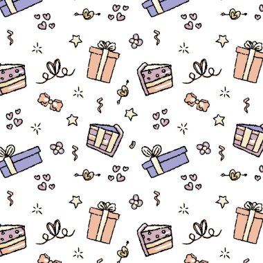 Doğum günleri, yıldönümleri, davetiyeler ve tekstil için kusursuz vektör deseni. Pasta, rozet, yılan, yıldızlar, yay. Çizgi el çizimi, kusursuz vektör deseni