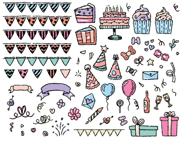 Ensemble Éléments Vacances Gâteaux Cupcakes Boules Feux Artifice Cadeaux Drapeaux — Image vectorielle