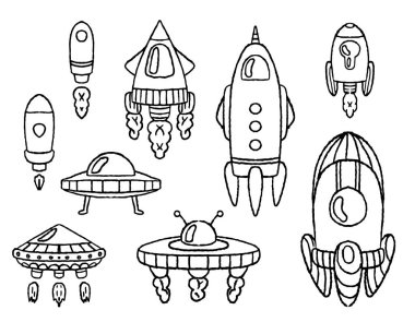 Karalama roketleri, uzayda nakliye. Çocuklar için boyama kitabı. Vektör grafikleri, insan arabaları ve uzaylılar