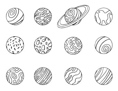 Uzay karalamalarında bir dizi gezegen, basit fırça çizimi tasarımı. Çocuklar için vektör illüstrasyonu