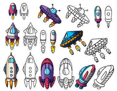 Uzay taşımacılığı boyama kitabı, çocuklar için oyun, eğitim, vektör eğitimsel grafikler. Kitap çizimi için