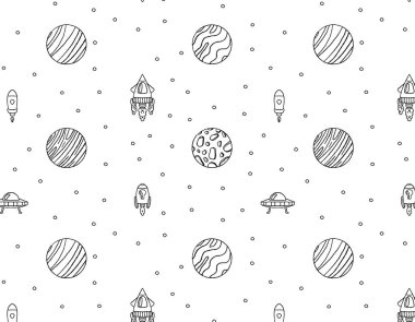 Gezegenlerin ve uzay roketlerinin saydam bir arkaplanı, karalama stili, uzay macerası, çocuk baskısı. Paketleme ve tasarımı test etmek için vektör grafikleri