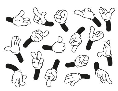 Çizgi filmlerdeki eller. Eldivendeki eller basit duygu ve jestleri gösteriyor. Clipart ifadeleri koleksiyonu. Vektör uzuvlar, avuç içleri ve yumruklar