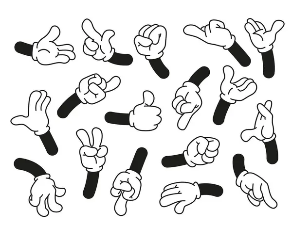 Çizgi filmlerdeki eller. Eldivendeki eller basit duygu ve jestleri gösteriyor. Clipart ifadeleri koleksiyonu. Vektör uzuvlar, avuç içleri ve yumruklar