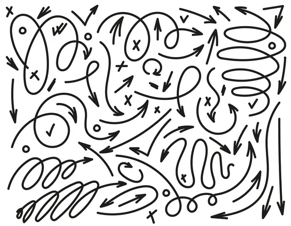Ensemble Icônes Fléchées Doodle Conception Lignes Spirales Coches Pousses Vectorielles — Image vectorielle