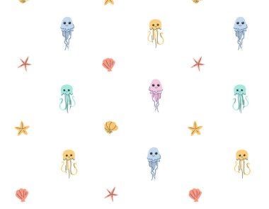 Çocuklar için okyanus denizanası deseni, vektör grafiği, baskı için tasarım. Paket kağıdı, kumaş, tekstil için vektör çizimi. Çocuklar için.