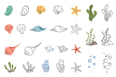 Deniz yatağı boyama seti, çocuk eğitimi için vektör tasarımı, hava öpücüğü veren deniz atı. Çocuklar için boyama kitabı sayfaları.