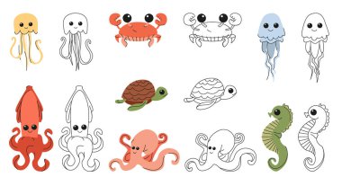 Deniz dünyası sakinleri konsepti. - Evet. Kağıda basmak için çizgi film düz vektör çizimi. Boyama kitabı için elementler