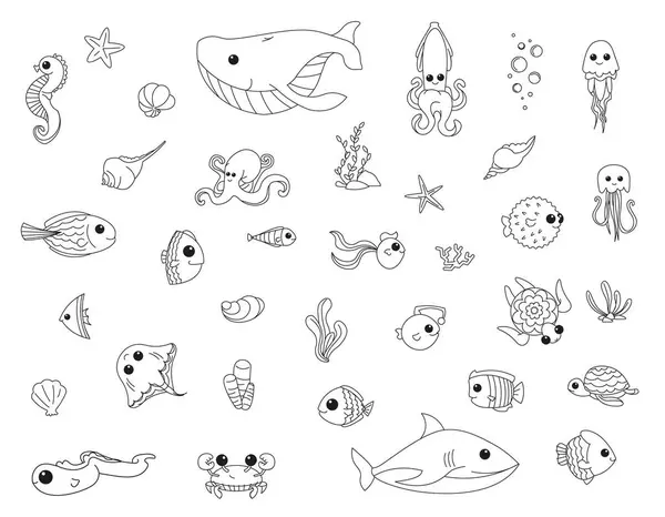 Deniz piyadeleri, beyaz arka planda okyanus karakterleri. Çocuk eğitimi, okul için boyama kitabı